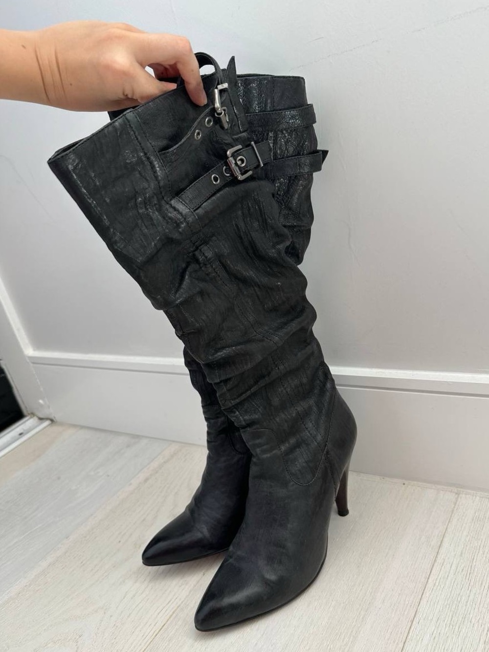 Women's Black Leather Mid-Calf Buckle Boots size 8